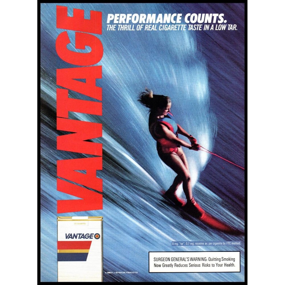 1987 Vantage Cigarettes Vintage Print Ad Woman Slalom Water Skiing Red Wall Art